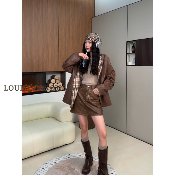 LOUISE【沙漠曲奇】秋冬新款美拉德连帽慵懒风百搭绵羊皮真皮皮衣