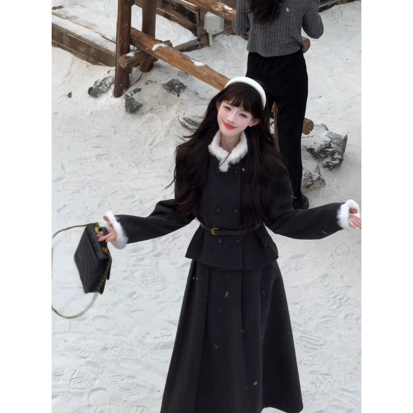 韩系气质小香风千金感毛领双排扣外套女秋冬季高腰百褶半身裙套装