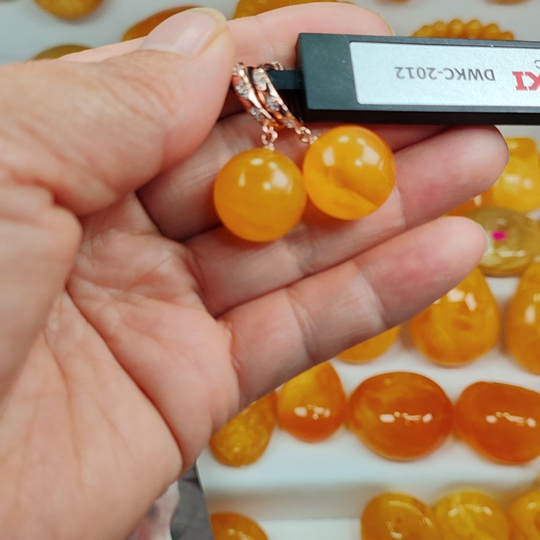 琥珀耳饰银S925镀金镶嵌淡*