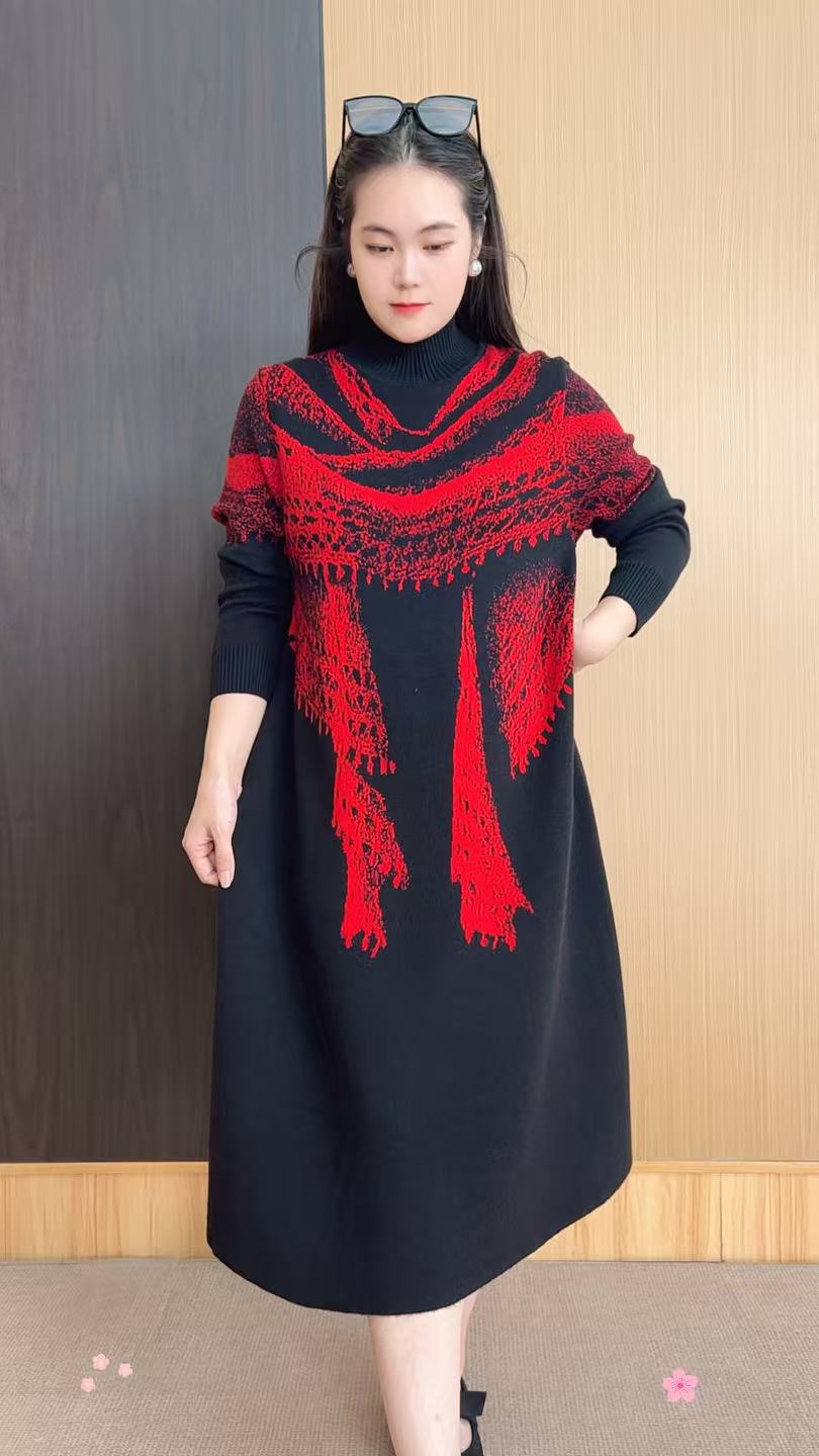 564秋冬长袖中长裙中长款民族风中老年女装休闲风常规圆领时尚风