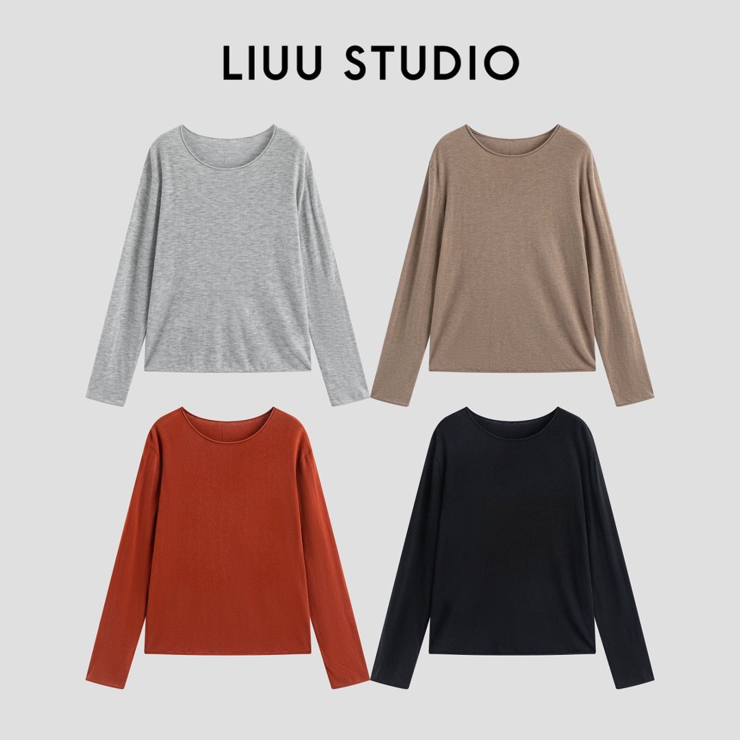 【LIUU】80支双股的超细精纺纱 |  纯色圆领卷边针织上衣