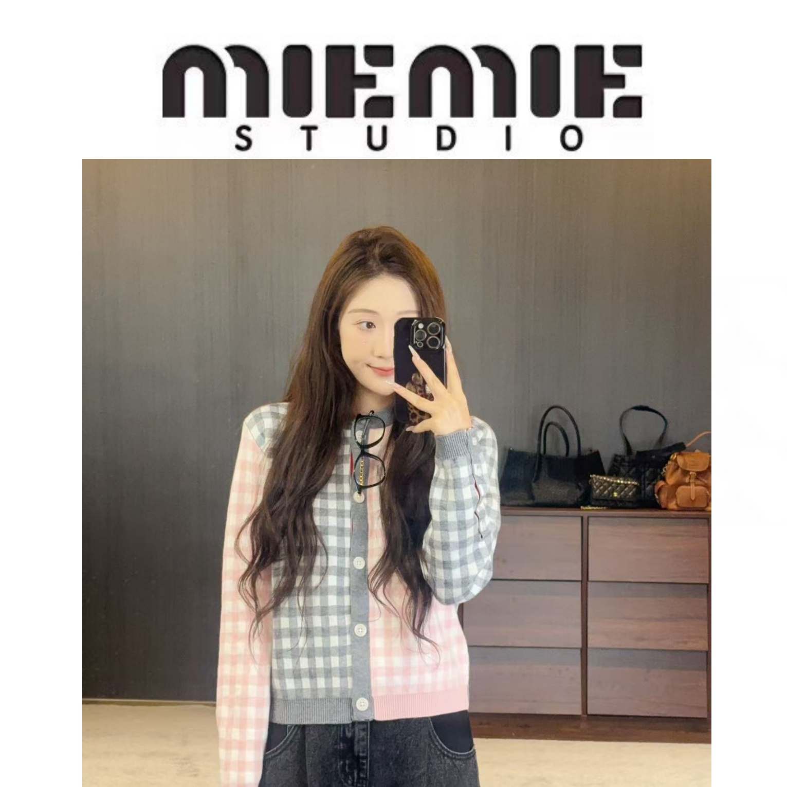 【灰粉格】超完美组合灰粉毛衣开衫