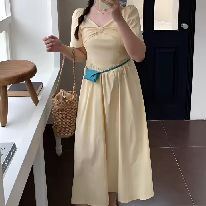 温柔淑女纯色蝴蝶结连衣裙气质显瘦夏季设计感