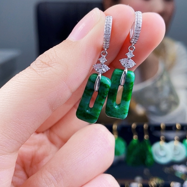 翡翠耳饰银S925镶嵌饰品