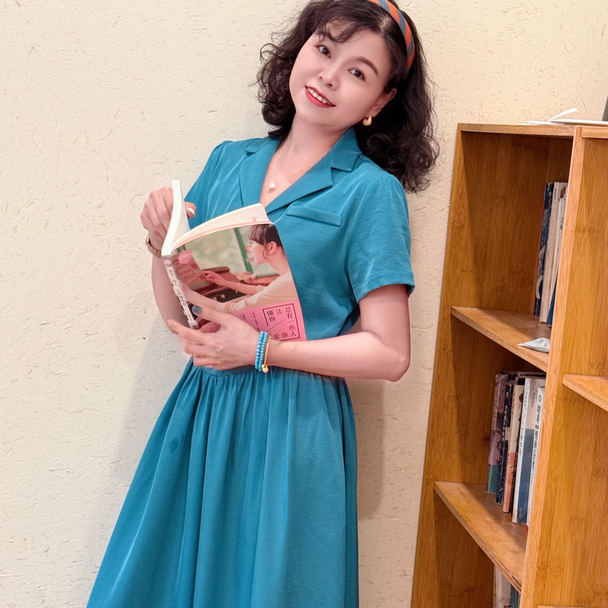（青蓝）法式复古港风优雅气质纯色衬衫领连衣裙裙子收腰显瘦中长裙