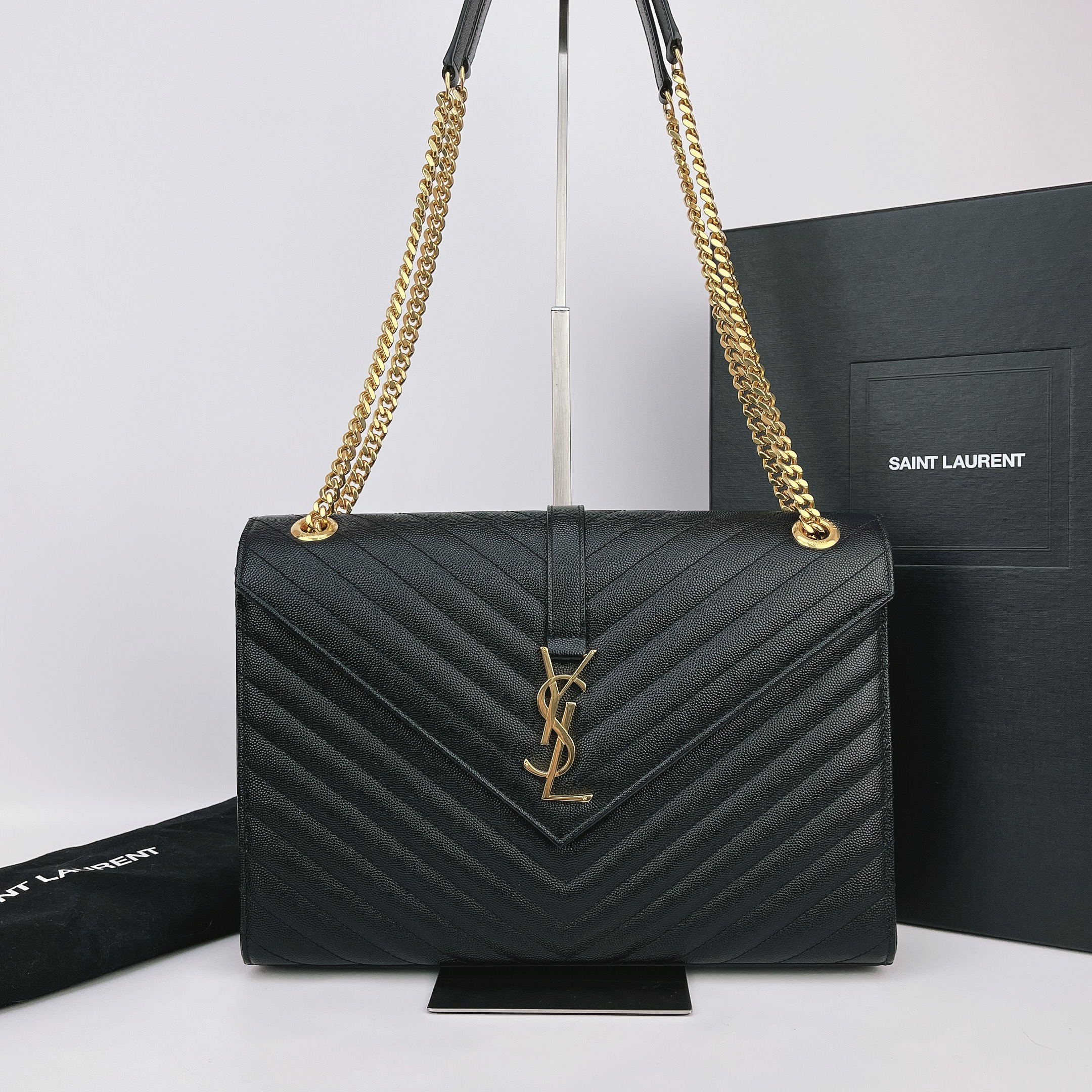 99新 YSL/圣罗兰 圣罗兰 黑色牛皮信封单肩包底长31 E498