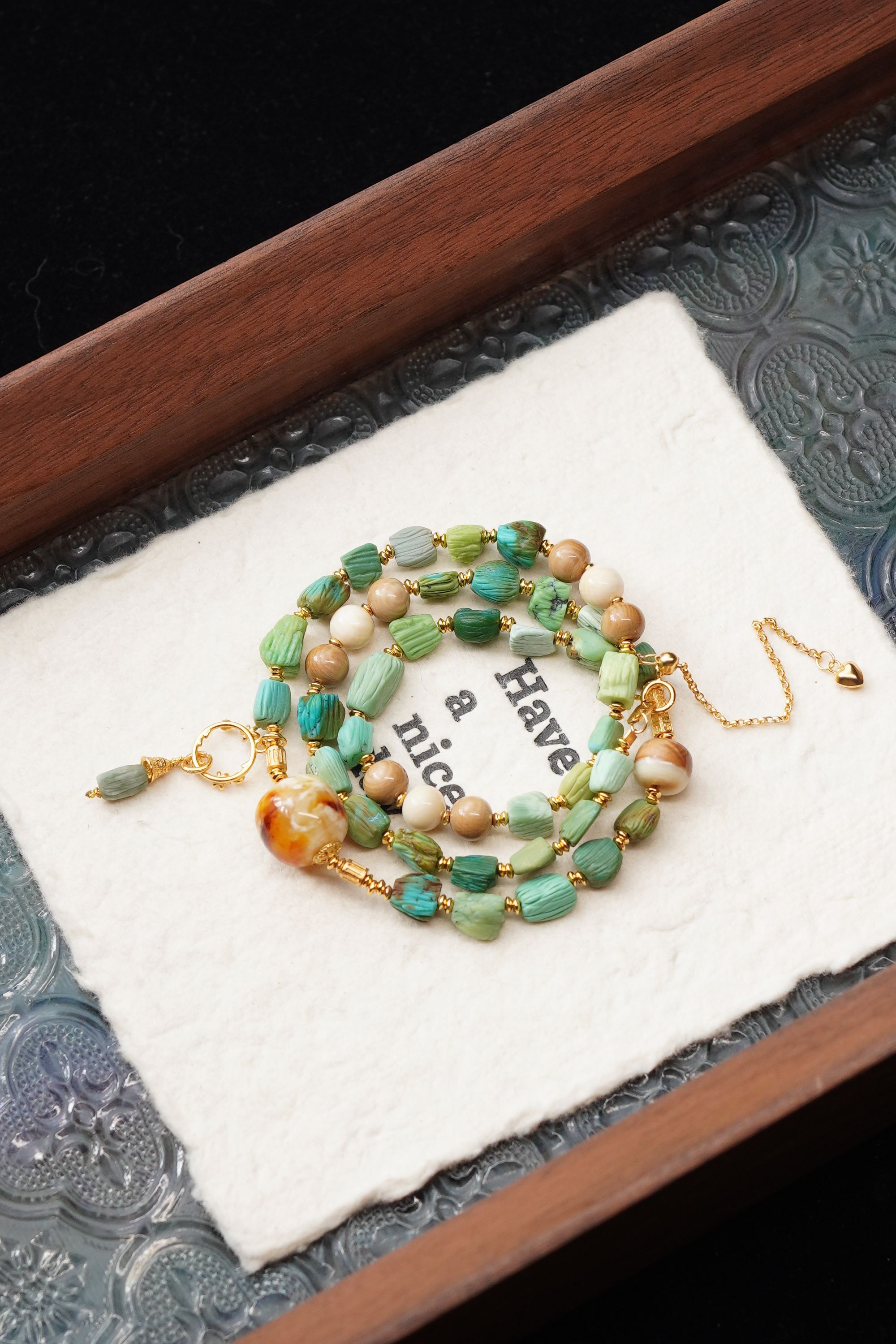 牛油果 天然猛犸牙咖料6mm圆珠顶珠10*12mm项链