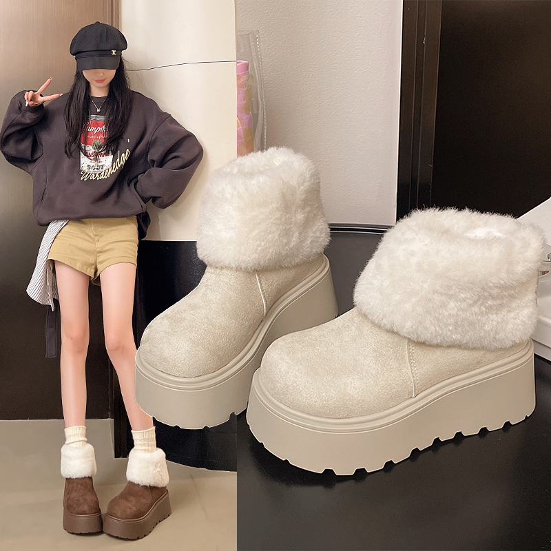 【增高7厘米】磨砂皮毛绒翻领毛毛雪地棉靴松糕小个子短靴时尚百
