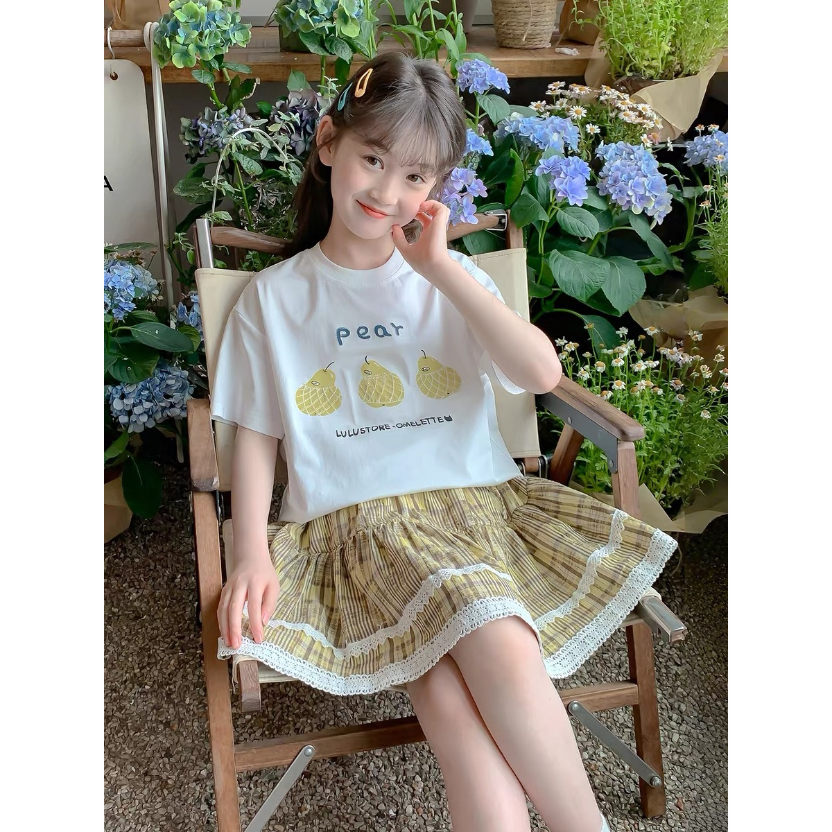 【断码清货】2025夏洋气水果梨印花格子短裙套装(83%棉) D580 580 M