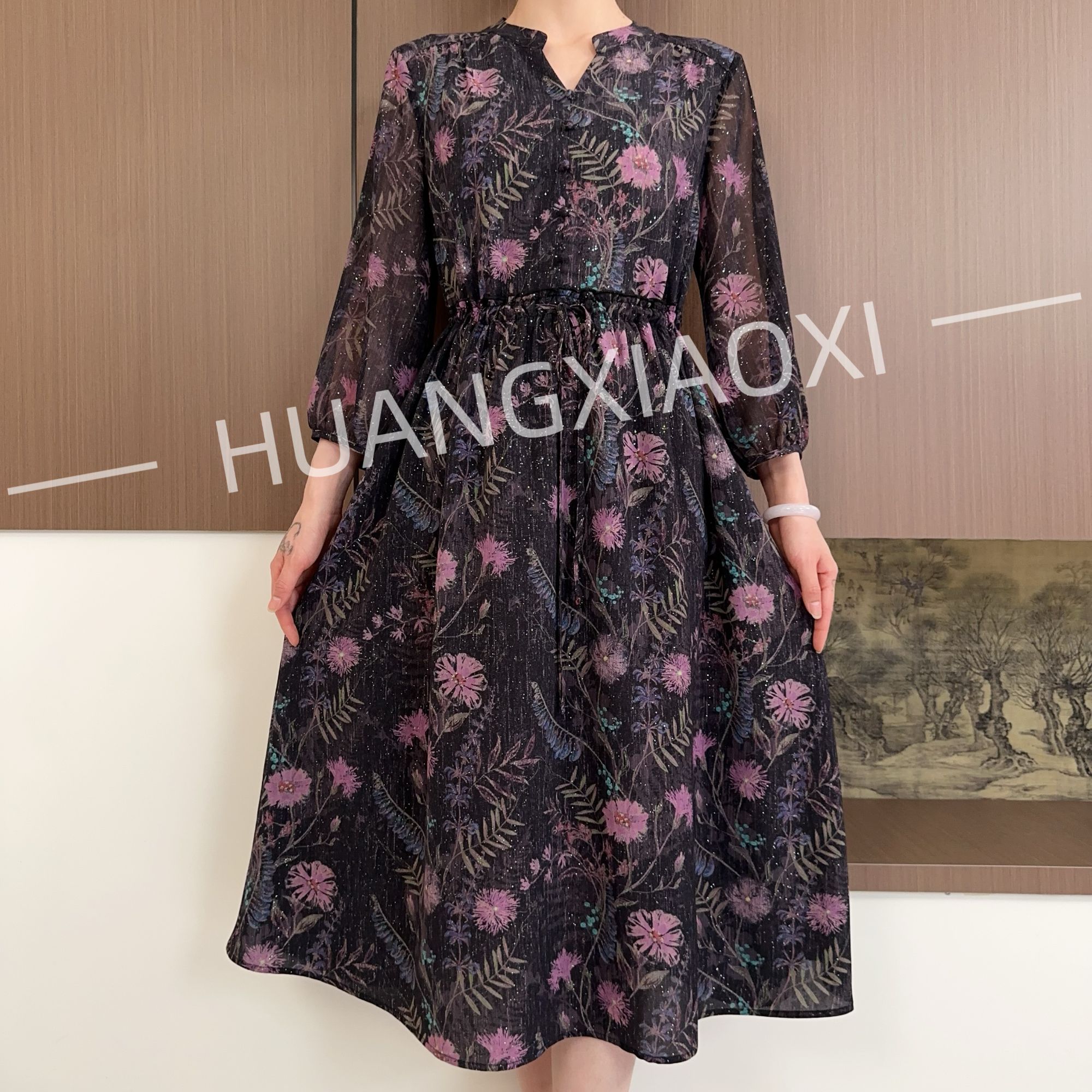 HUANGXIAOXI 粉紫蒲公英唯美细闪抽绳款优雅中长袖连衣裙 HXX-285