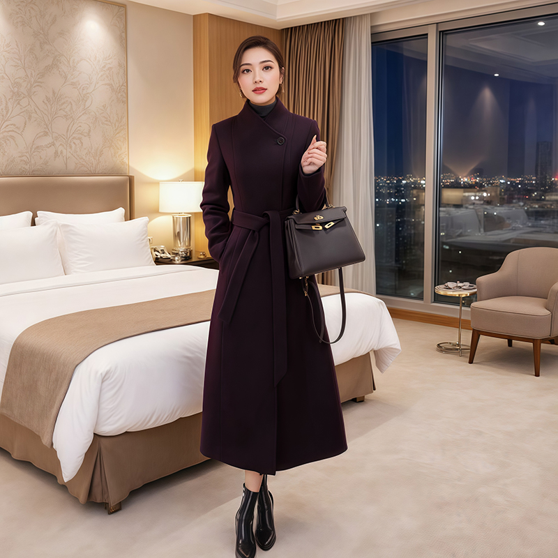 秋冬中长款女正肩袖毛呢外套收腰气质呢羊毛大衣时尚显瘦修身女装