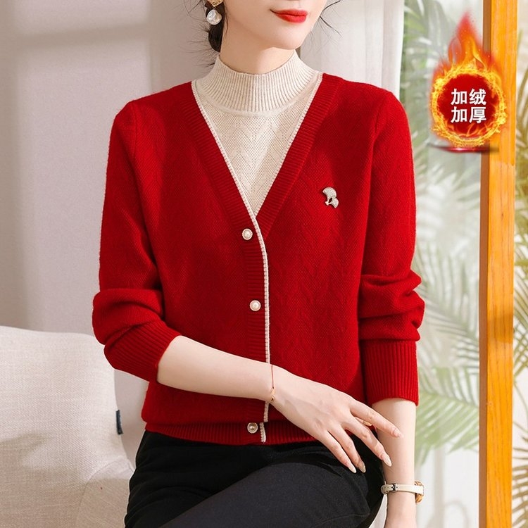 秋冬新款时尚简约假两件妈妈装加绒保暖中老年女装针织上衣显洋气