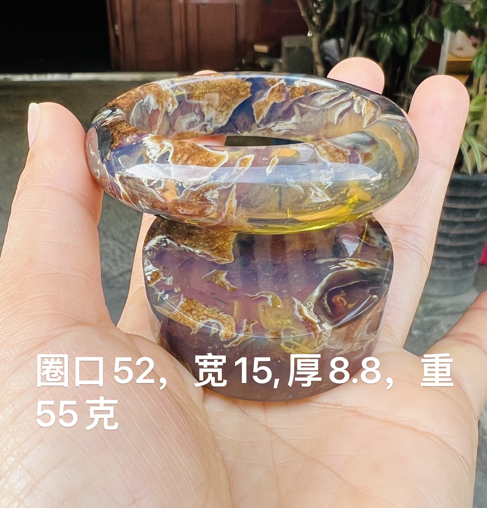 天然缅甸琥珀青花瓷绿茶容洞手镯