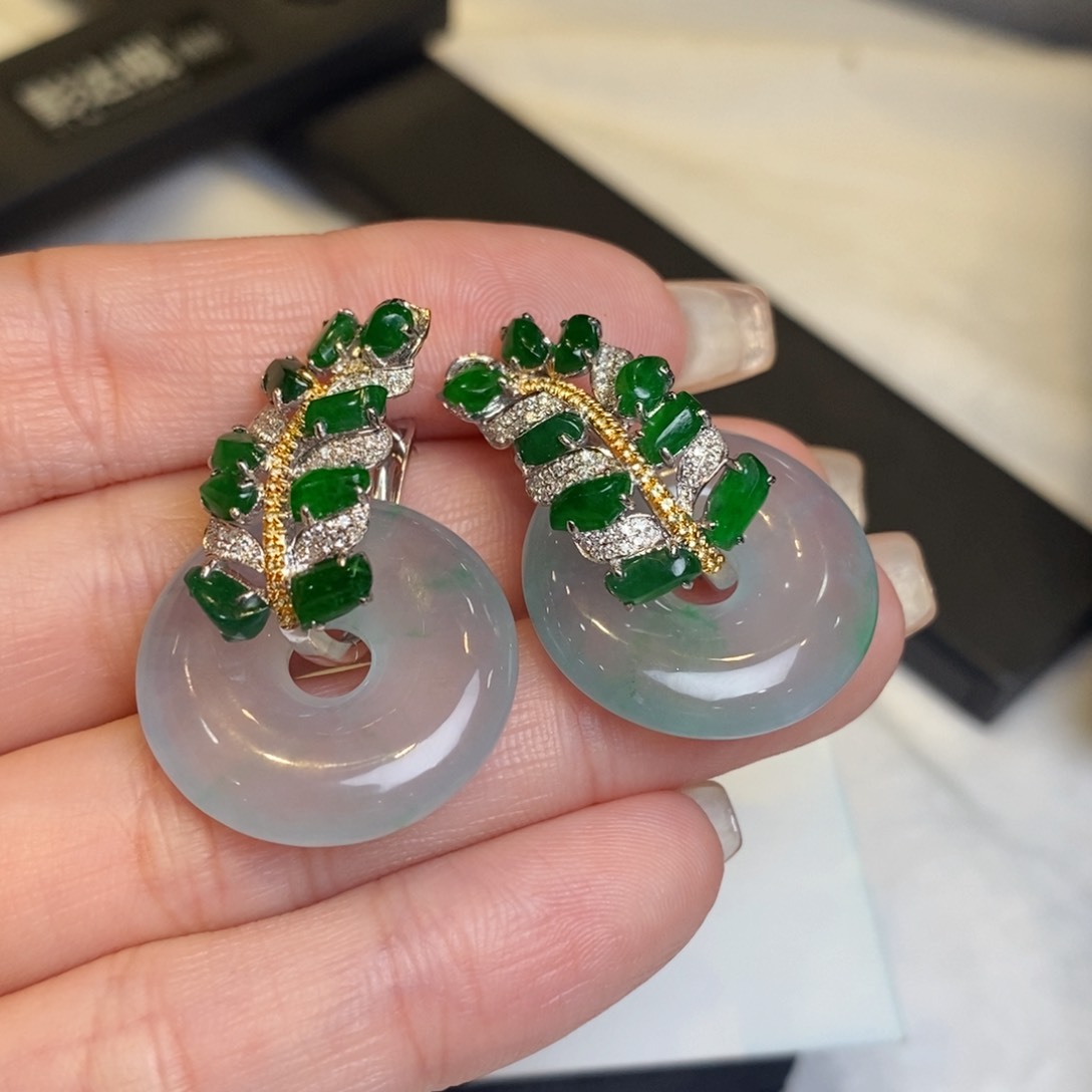 翡翠耳饰18K金镶嵌甜甜圈➕随形麦穗耳扣