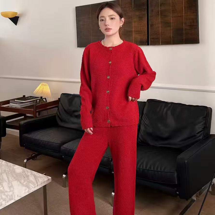 半边绒居家服睡衣套装保暖加绒高档可外穿秋冬家居服