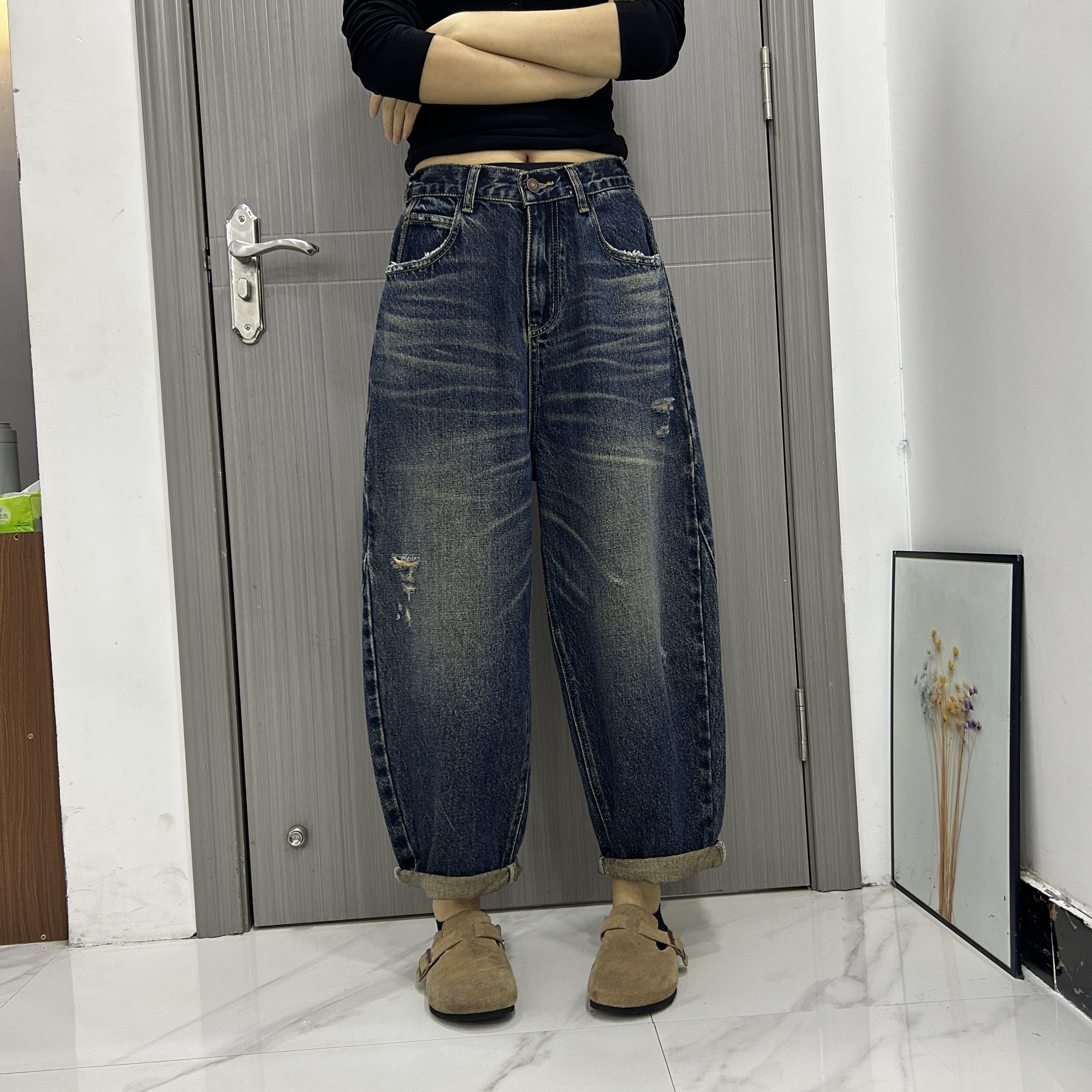 秋季25815老爹裤弹力哈伦显瘦百搭女士牛仔高腰韩版宽松长裤复古