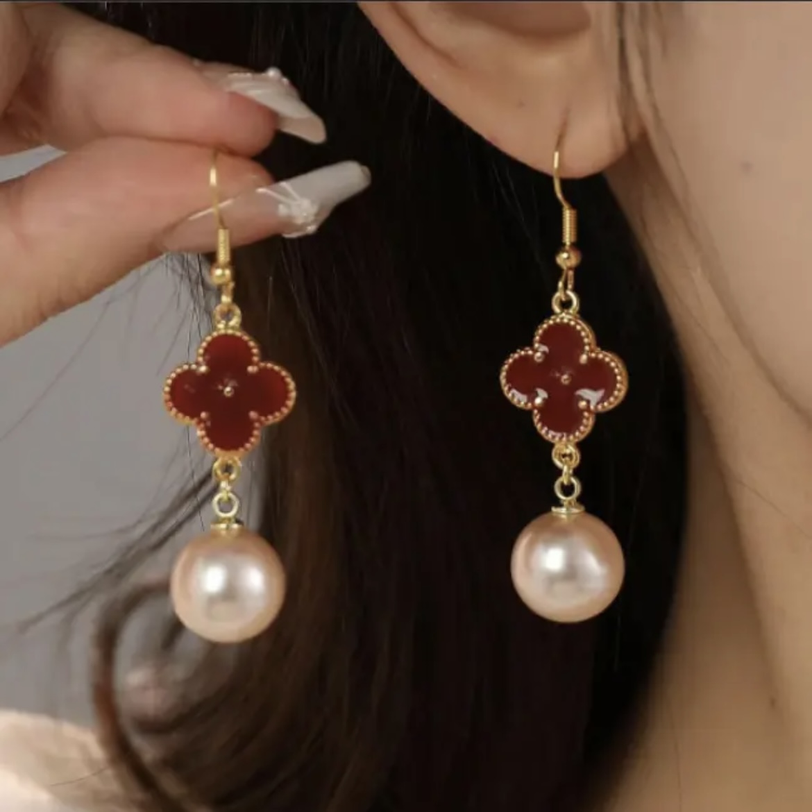 红色系四叶子草珠珠耳钉ZD0518