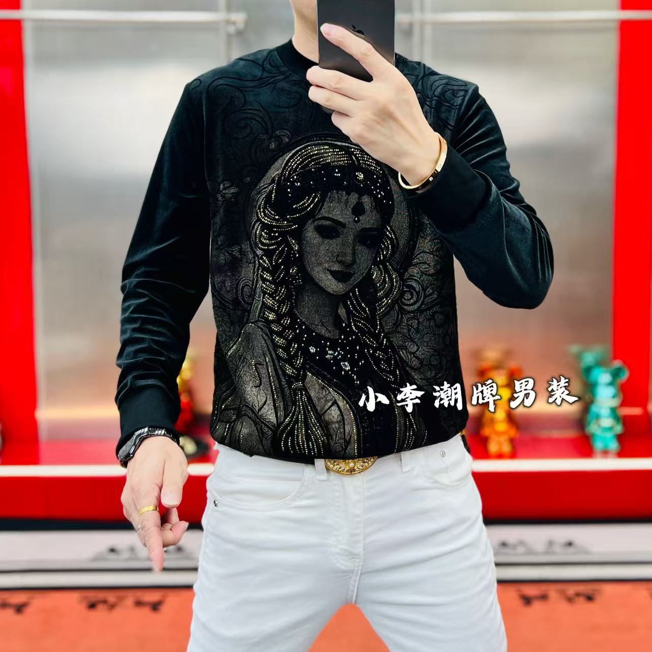 秋冬新款提花烫钻美女图时尚百搭潮流雅痞绅士高品质长袖加绒卫衣