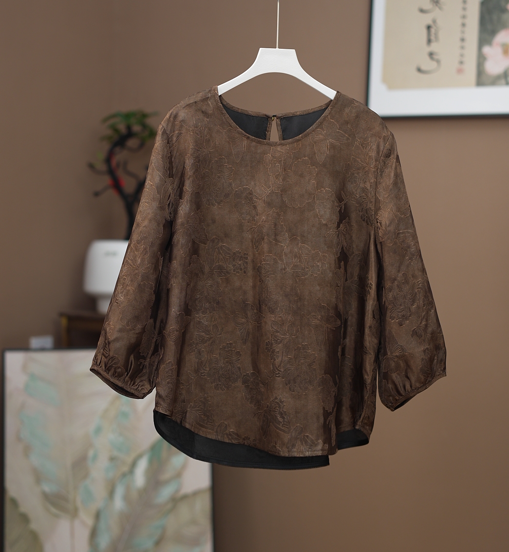 【褐染春】新中式国风圆领提花复古气质小衫上衣女