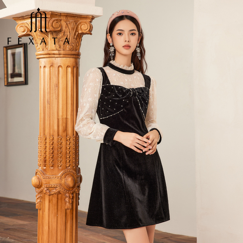 【达人专属】FEXATA斐格思连衣裙丝绒小黑裙网纱袖假两件裙子