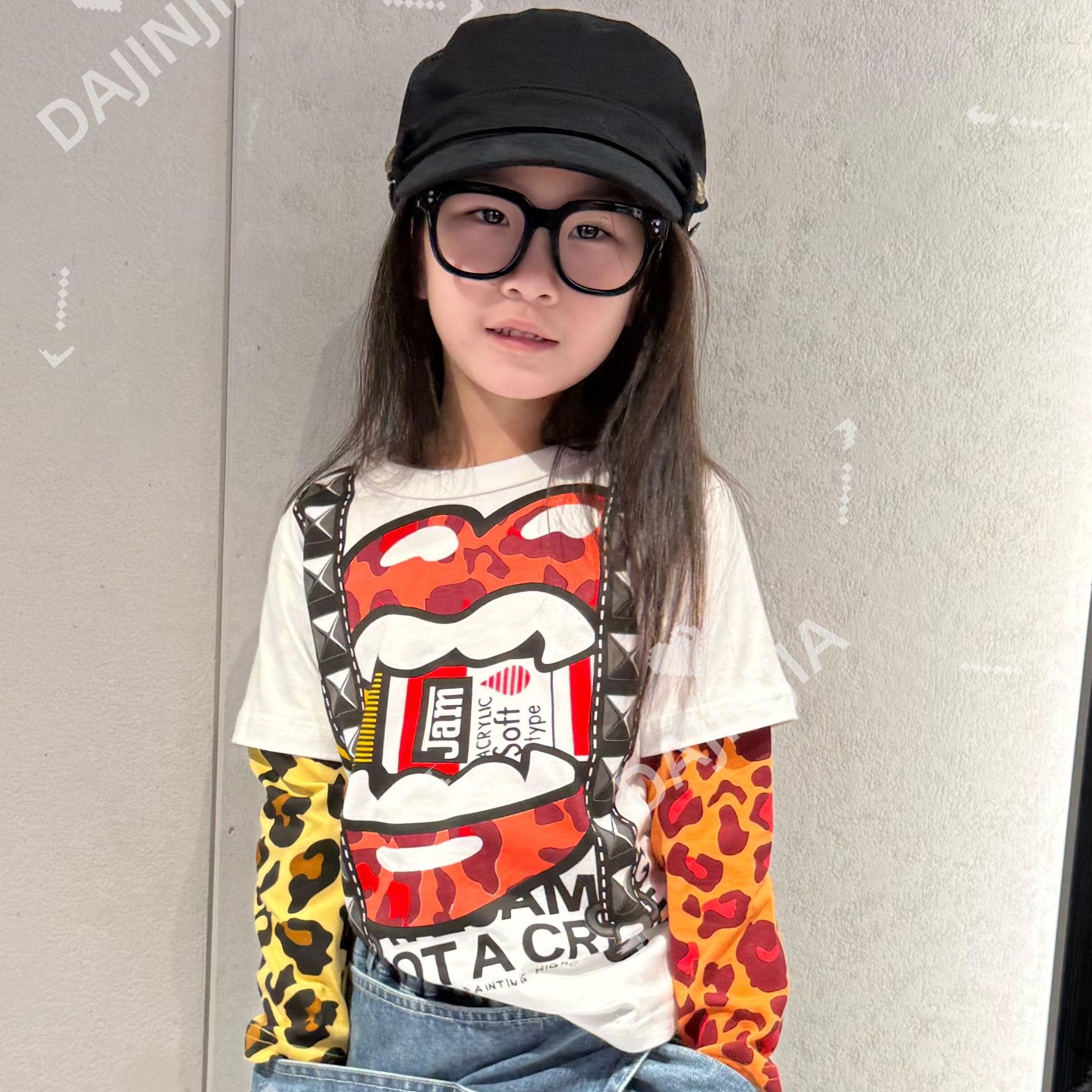 大金定制潮牌JAM自制棉感豹纹拼接假两件圆领潮酷长袖童装T恤上衣