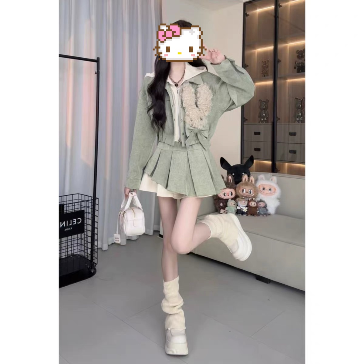 秋冬季酷飒风立体手工兔子牛仔裙套装高级感水洗假两件外套百褶裙