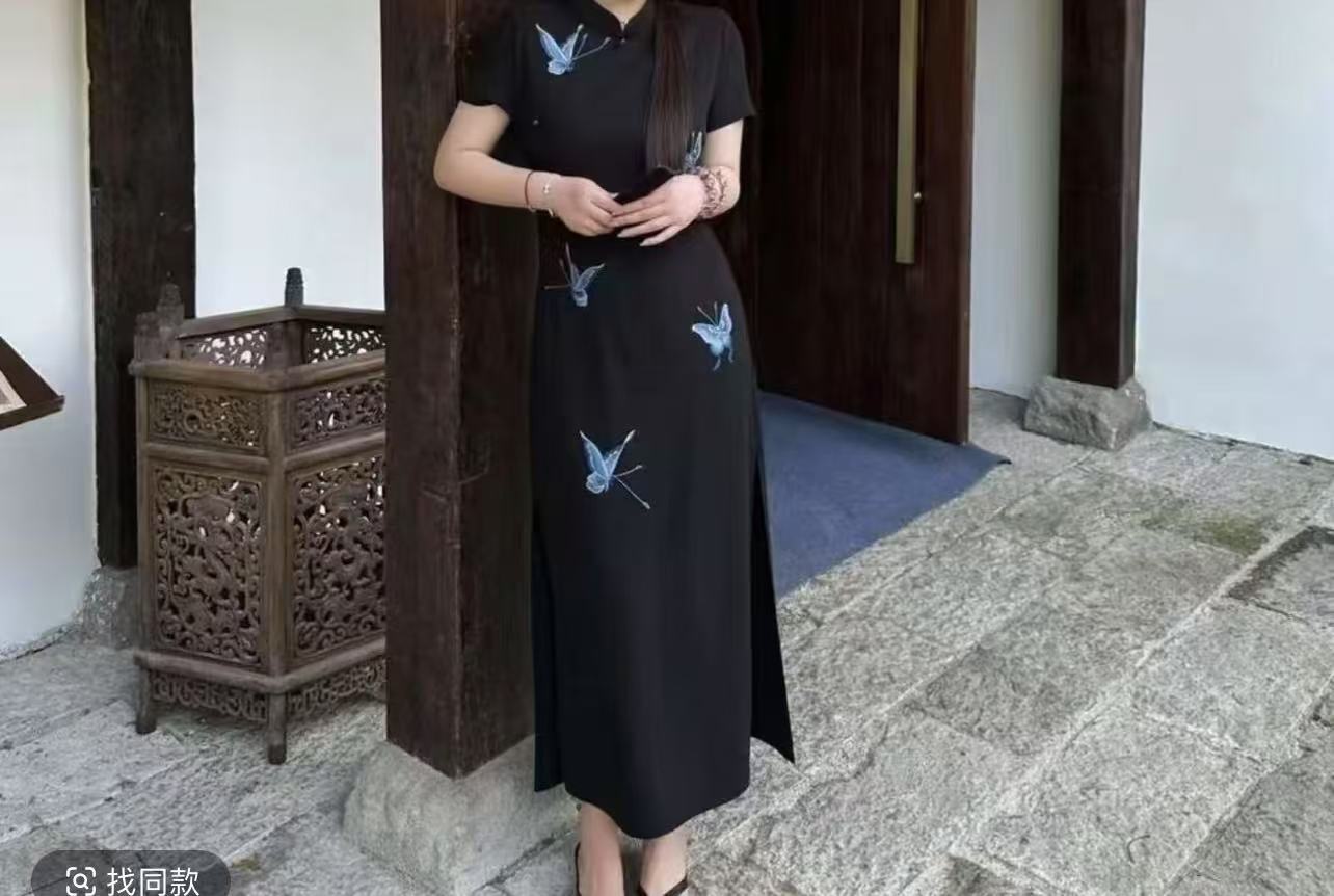 蝴蝶刺绣旗袍弹力西装连衣裙气质显瘦夏季中长款复古时尚修身