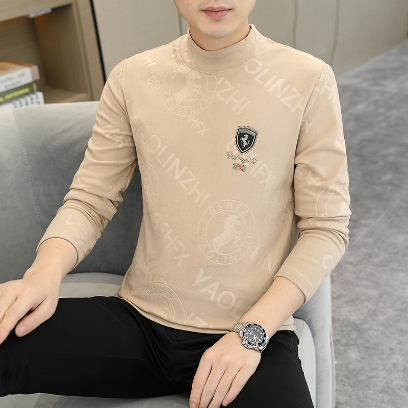 男士打底衫时尚潮流韩版长袖秋冬德绒上衣烫钻小标印花半高领T恤