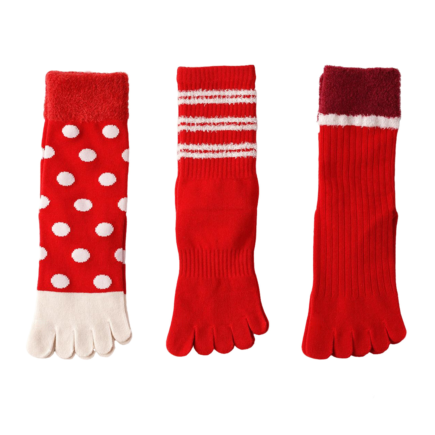 内田新年大红本命年五指袜喜庆中筒秋冬女士结婚马年五趾保暖棉袜