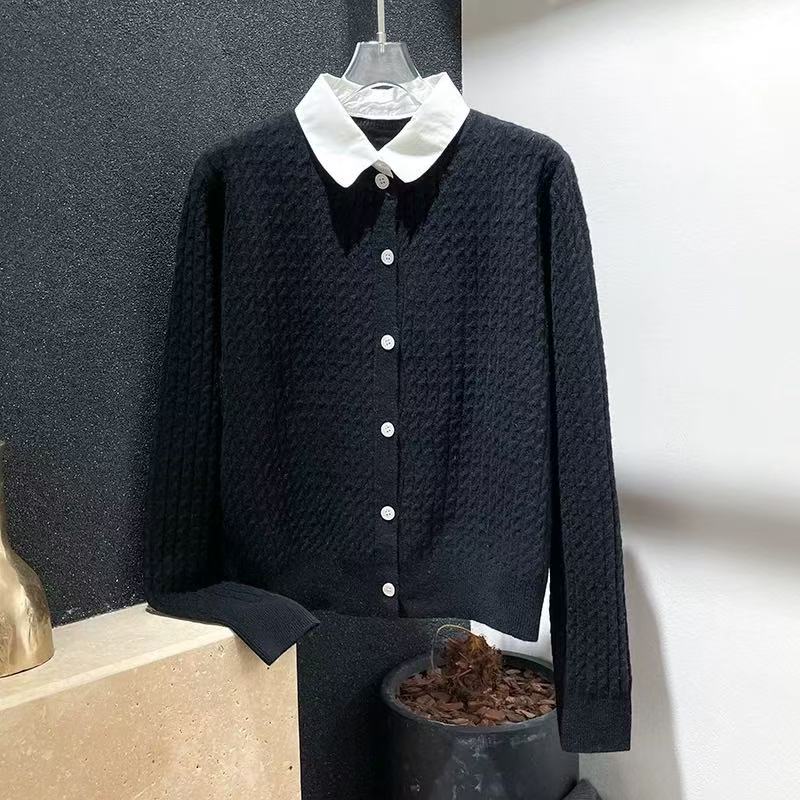 5555#秋季英伦风翻领开衫毛针织衫针织潮流假两件上衣轻奢