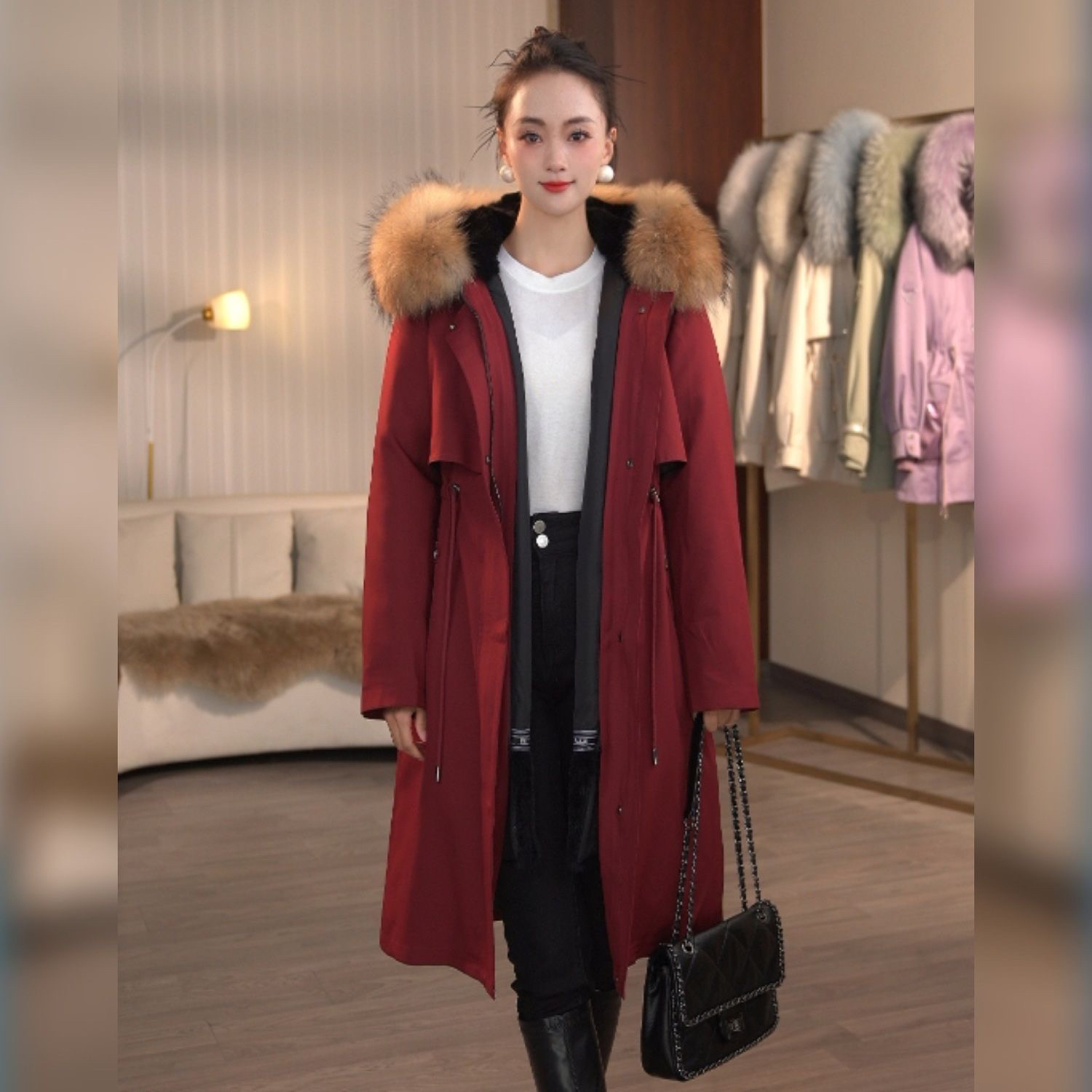 派克服2025新款女獭兔毛内胆皮草外套女冬季中长款可拆卸貉子毛领