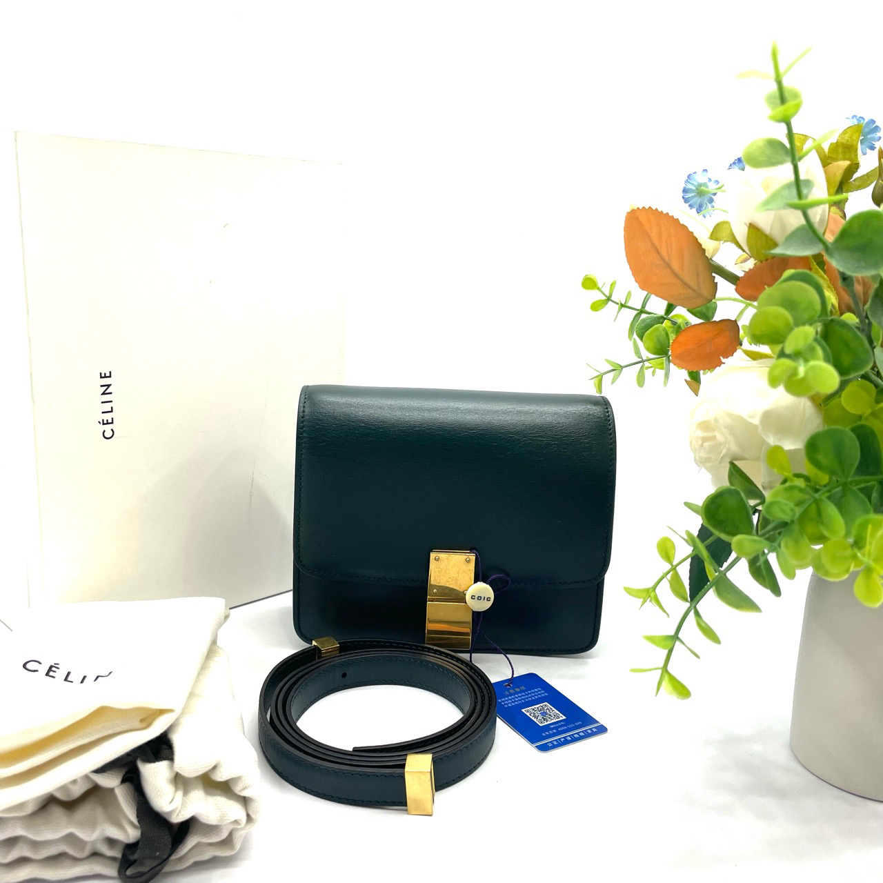 95新 Celine/思琳 box豆腐包 墨绿色小号单肩包  