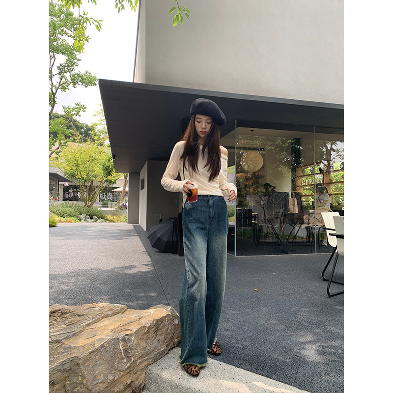 【特别的蓝】RARE ME复古微喇高腰牛仔裤无腰头显瘦直筒毛边长裤