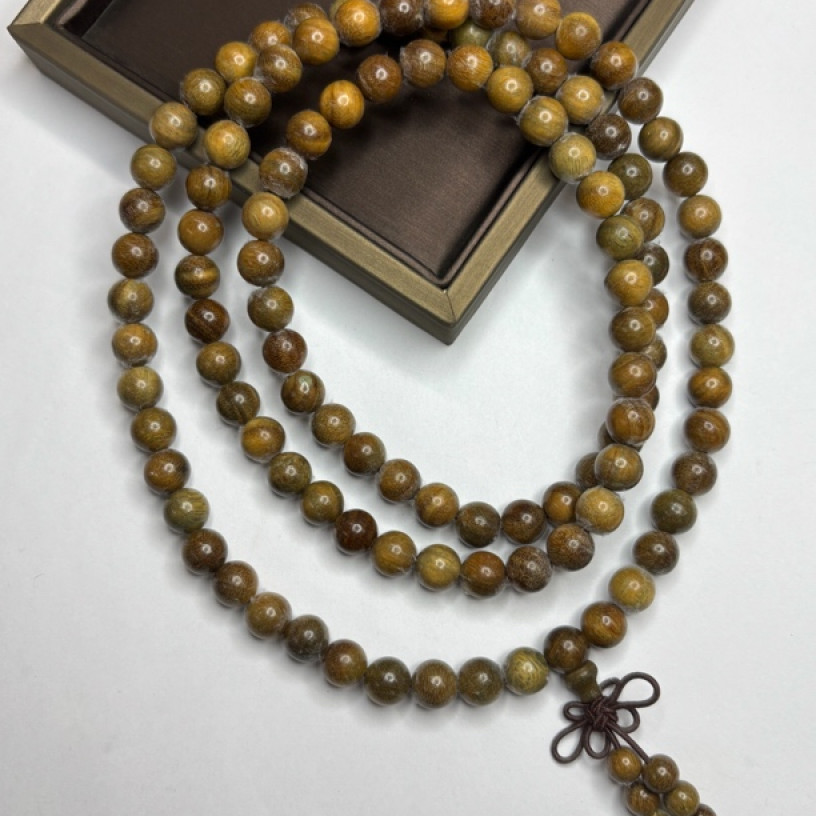 B33 绿檀结霜佛珠长链手链8*108mm