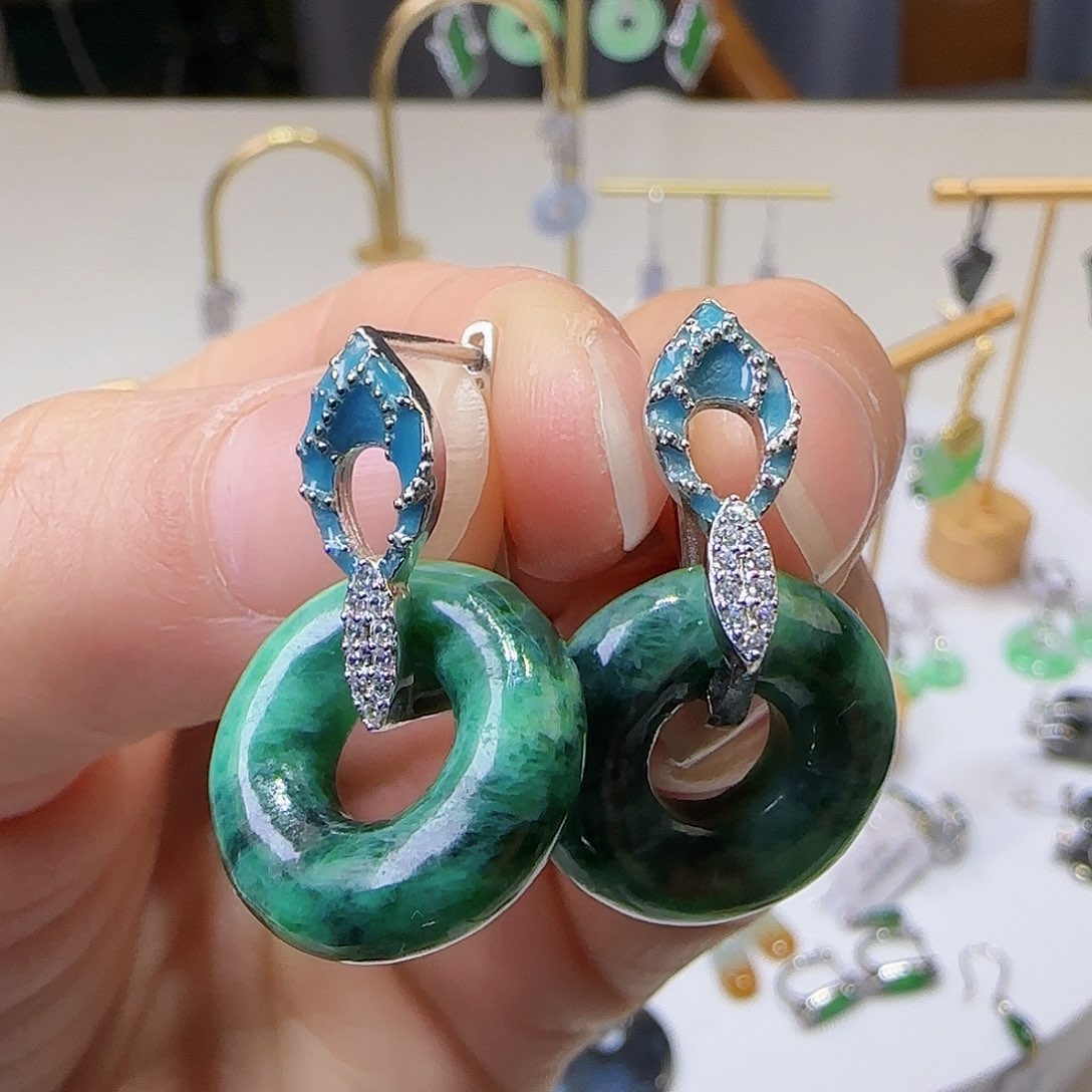 翡翠耳饰银S925镶嵌天然缅甸a货翡翠