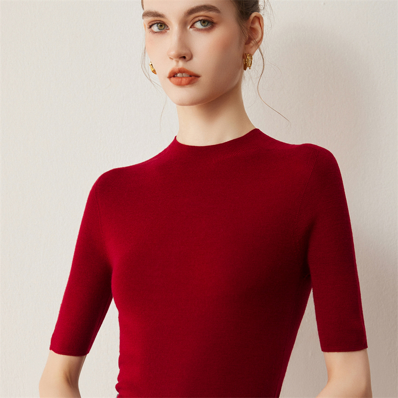 18针精纺100%山羊绒 68支半高领打底衫毛衣短袖中袖修身针织女士