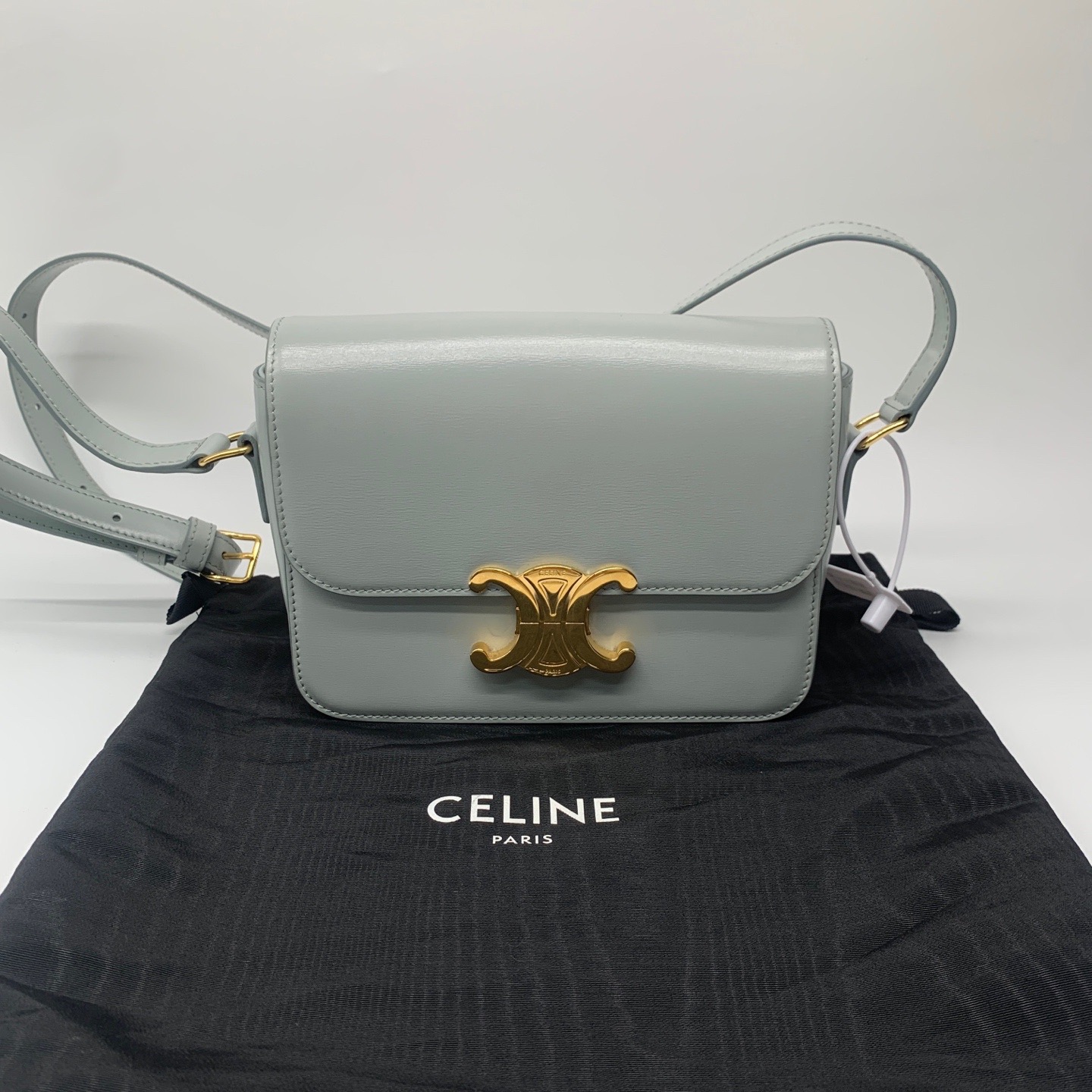 99新 Celine/思琳 凯旋门豆腐包灰蓝色金扣小号牛皮光面