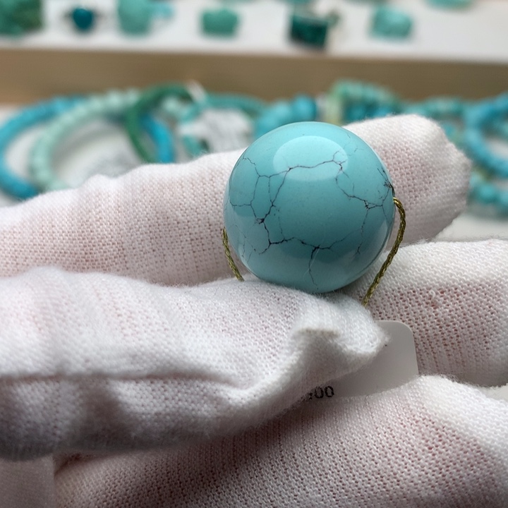 绿松石未镶嵌珠宝奇石高瓷蓝水草纹圆珠20.3mm