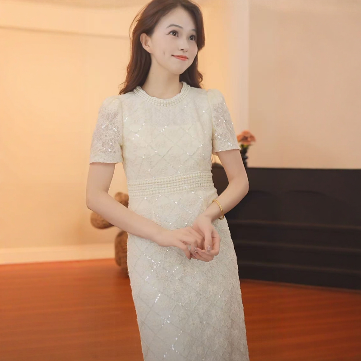 夏季新品重工气质修身收腰短袖连衣裙007