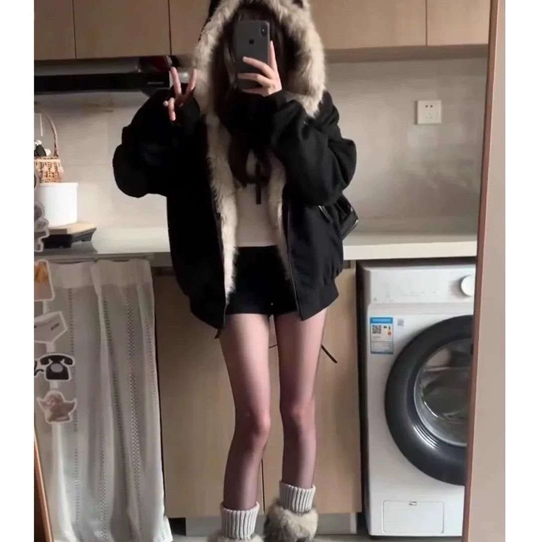 韩系黑色座山雕猫耳朵女款冬季毛领加厚加绒2025巨好看的外套