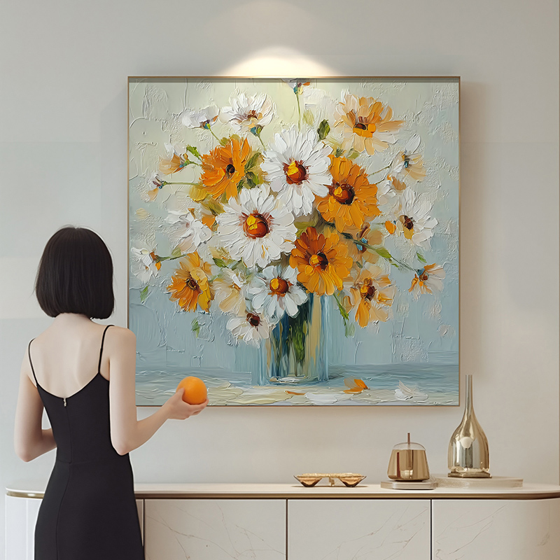 《向阳繁花》手绘花卉油画餐厅2025新款挂画奶油风饭厅装饰画玄关