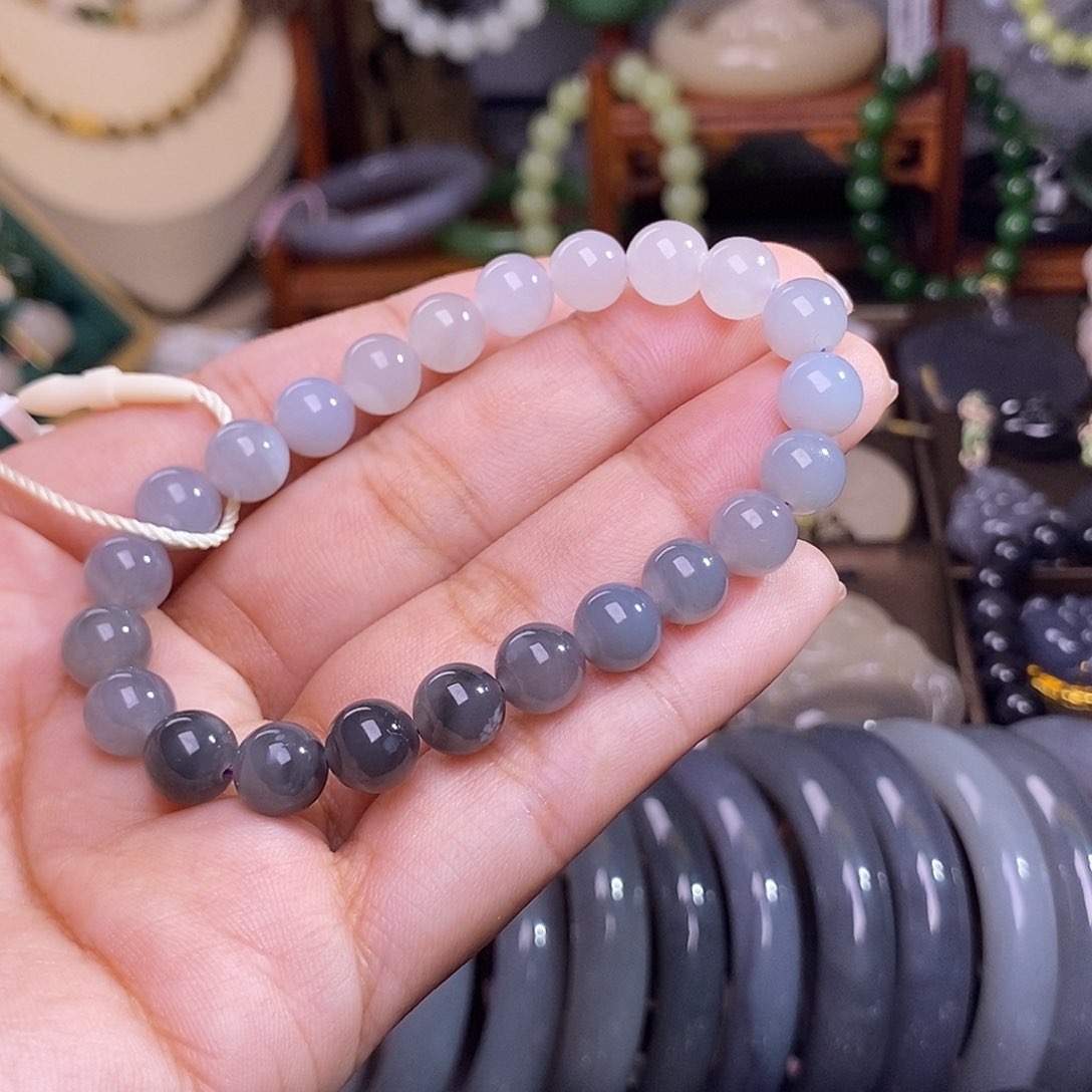 和田玉烟紫冰底约8mm手串未镶嵌