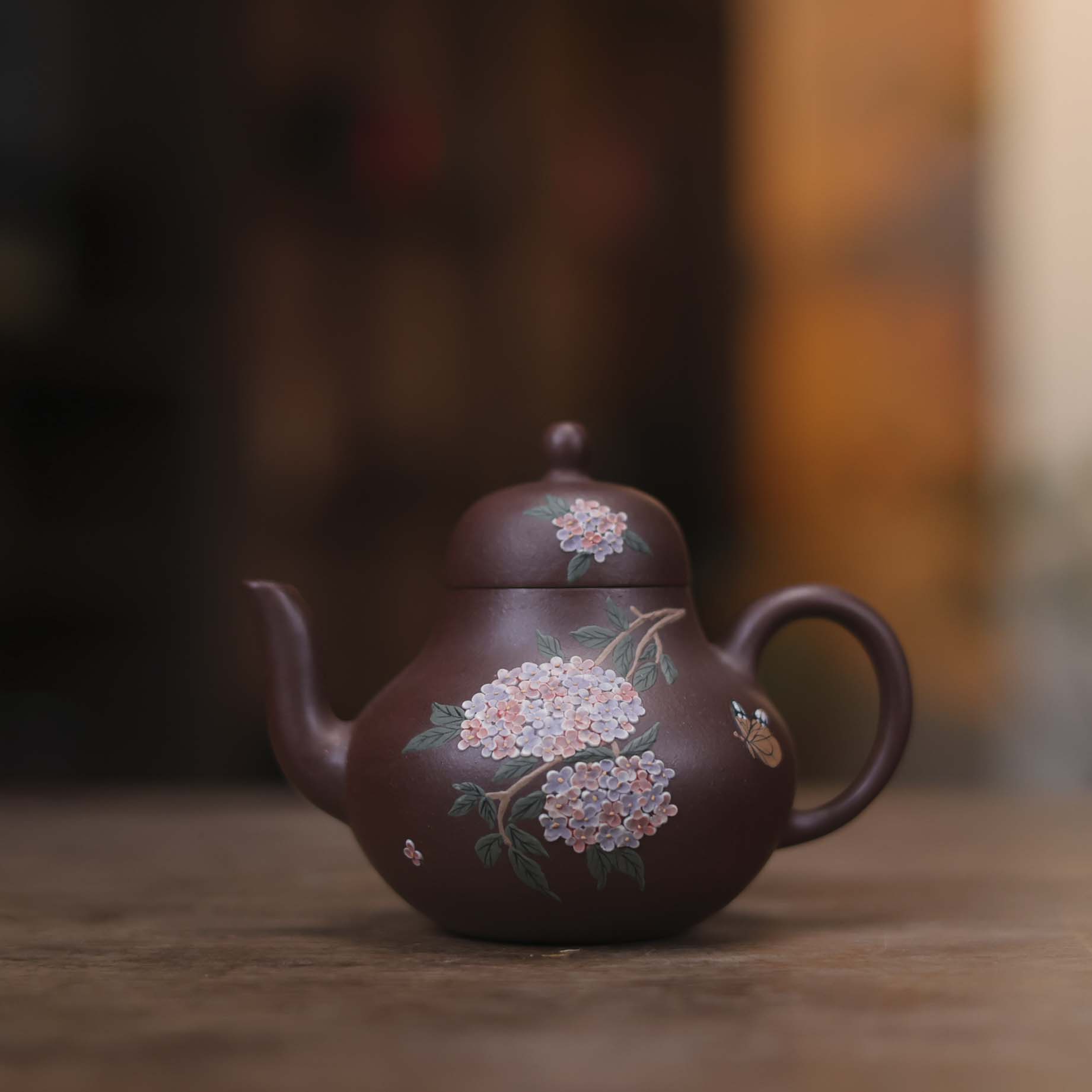 【三山拙垆】思婷(绣球花)壶,紫泥,亦缶,150cc（窑云S0426）