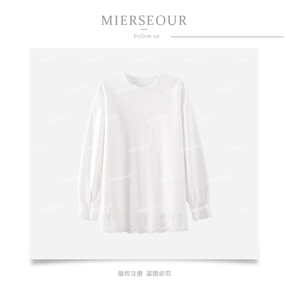 蕾丝拼接长袖T恤女圆领慵懒风大版套头百搭宽松纯白色打底衫6339