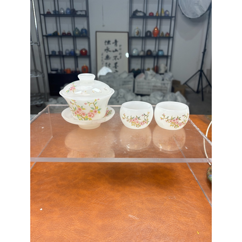 高端茶具桃花琉璃一盖碗两杯