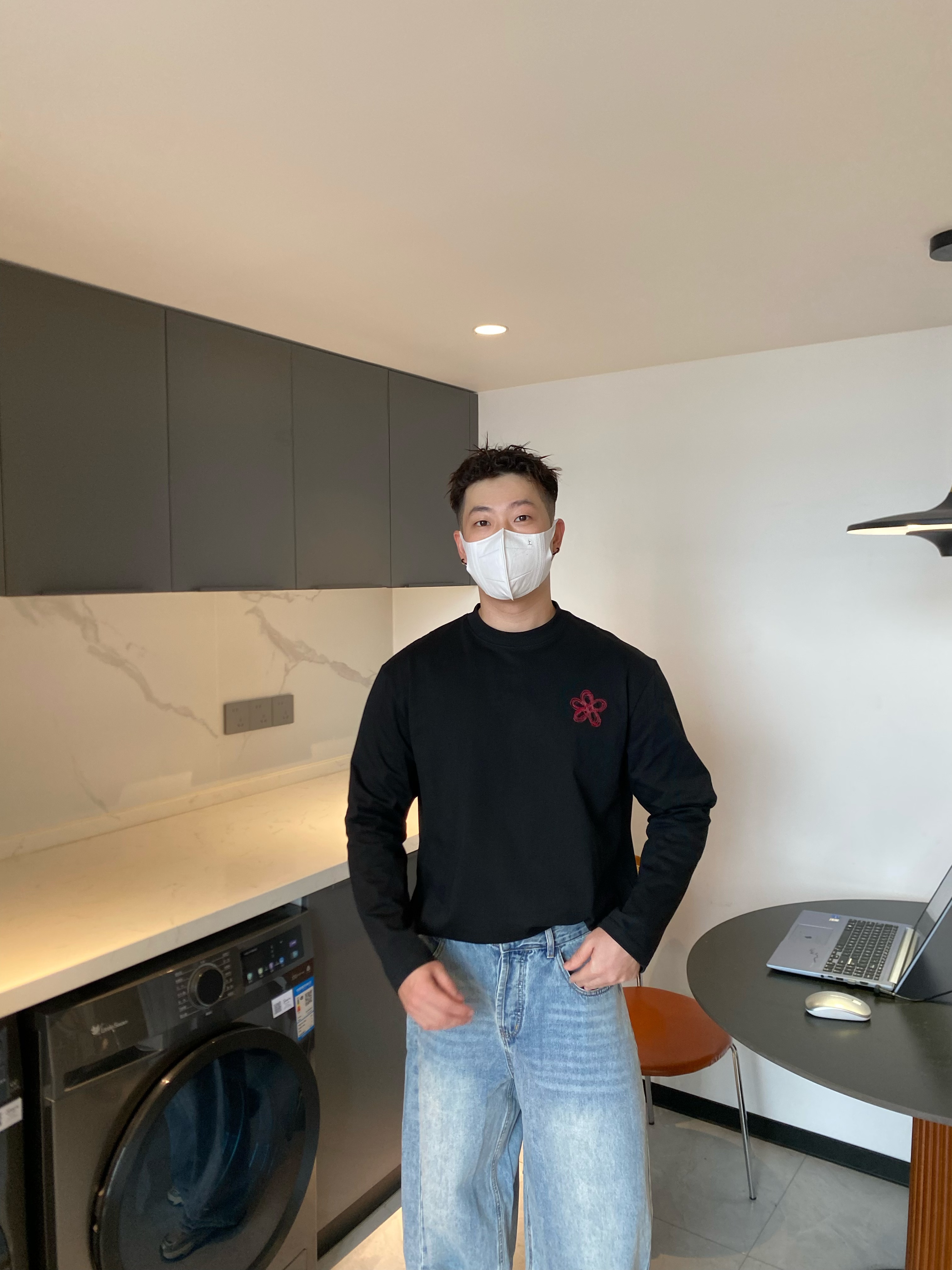 喜一春秋純棉重磅圓領長袖T質感刺綉花花圆领宽松66003