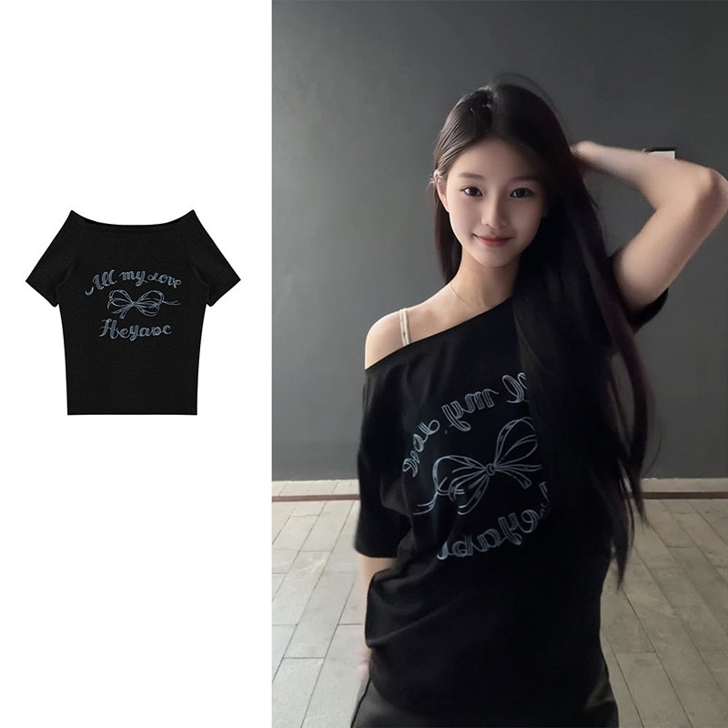 美式复古一字领单肩露肩短袖T恤女夏季宽松慵懒风斜肩设计感上衣