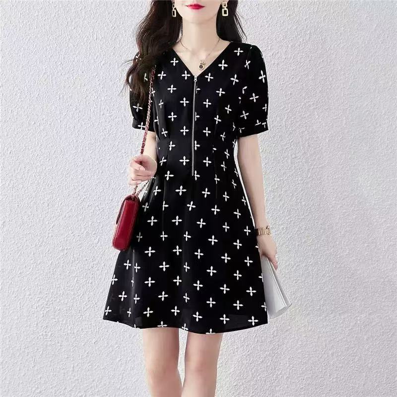 1200  印花V领女短袖2025夏季新款时尚撞色显瘦连衣裙B11  
