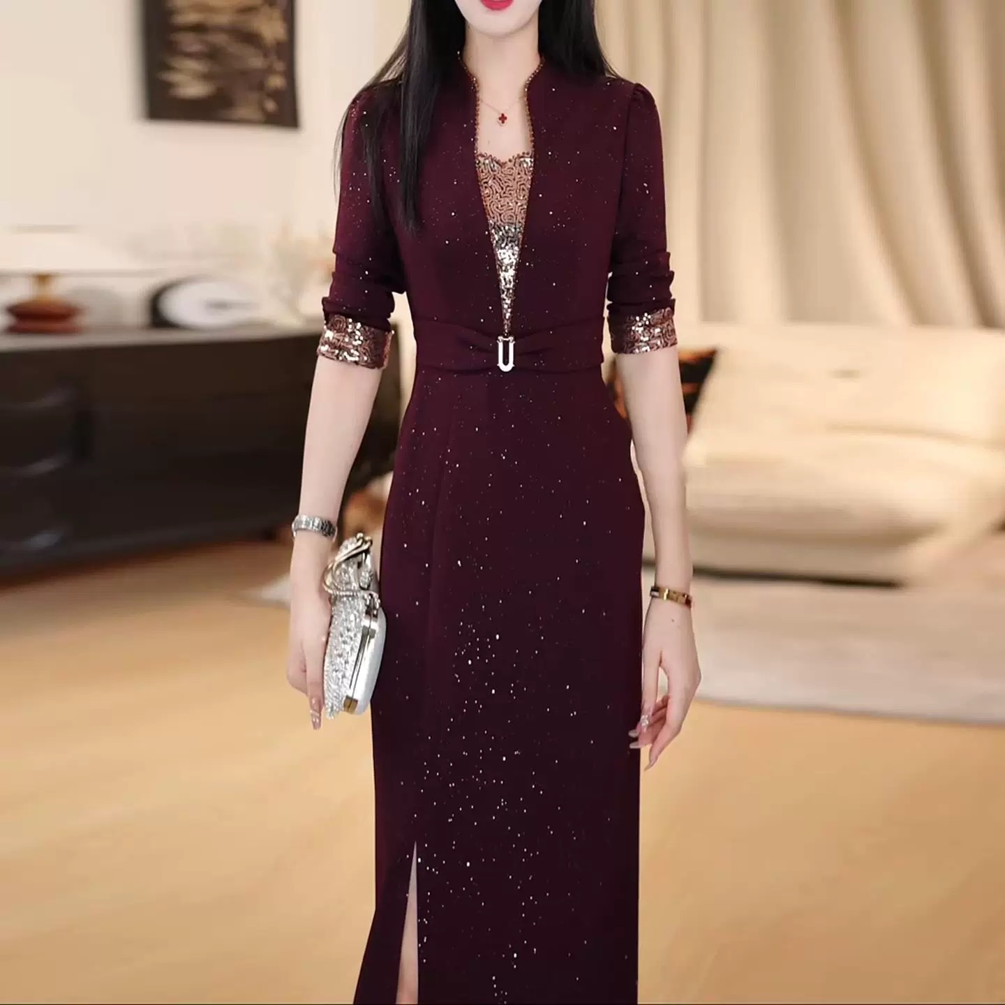 【衣雅严选】8121-2392#新款高定软精仿烫金气质显瘦满天星连衣裙