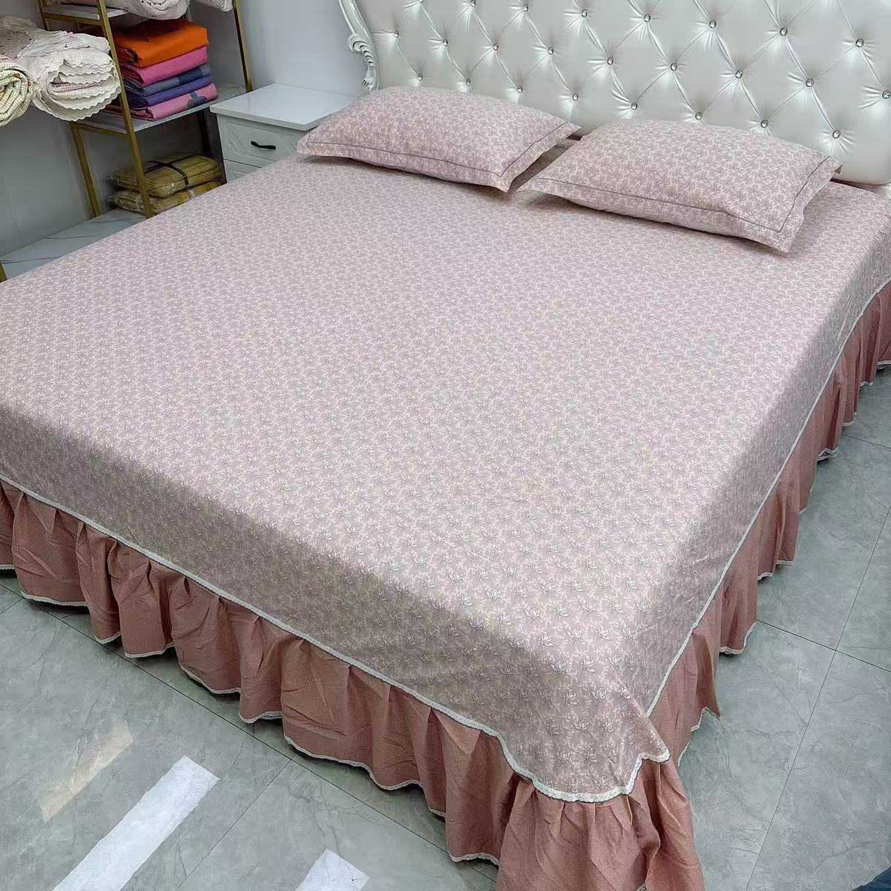 【舒馨】加大加厚暖棉磨毛床裙（甜美花语 豆沙色）